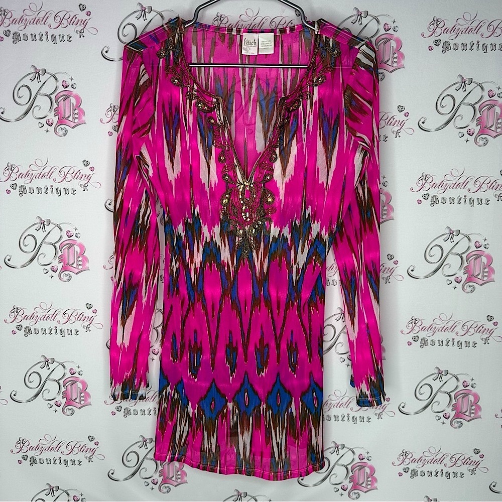 I.n.c BEACH coverup mesh embroidered beaded Vibrant Pink Patterned dress:Top